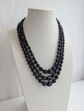 1960s Three-Strand Black Faceted Czech Glass Necklace - Vintage Quiet Luxury